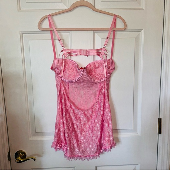 VTG Intimate Attitudes Pink Ruffle Romantic Bow Chemise Romantic Slip Teddy 1X - Picture 6 of 11